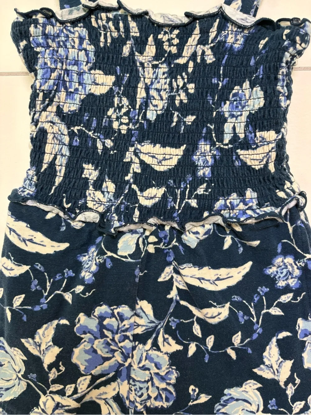 Matilda Jane Girls Blue Floral Smocked Romper Size 6 Ruffle
